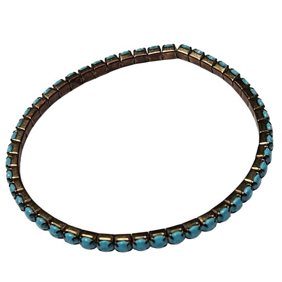 Vintage Southwest Blue Gem Tennis Bracelet Stretch Gold Tone Fashion Jewelry - Picture 1 of 4